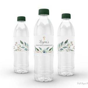 Water Bottle Labels for First Communion, Watercolor Leaves, Green Palms, Host and Chalice, Editable Template, PP10