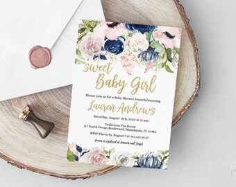 Navy and Blush Pink Flowers Baby Shower Invitation for Girl • Brunch Baby Shower • Watercolor Flowers • BSG002