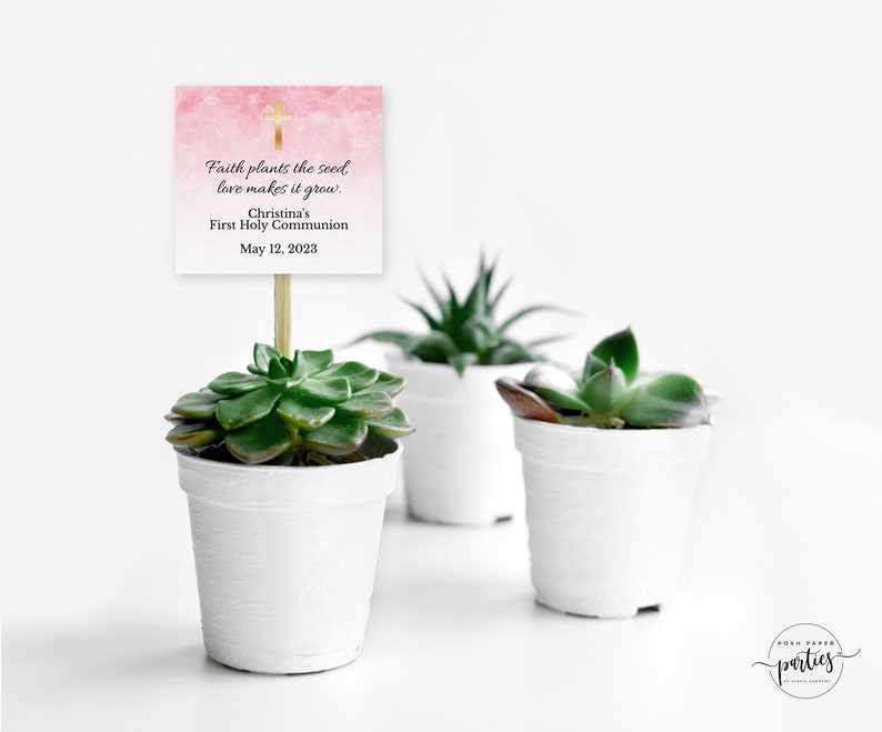 Puede incluir: Un fondo de acuarela rosa y blanco con una cruz dorada y el texto "Faith plants the seed love makes it grow. Christina's First Holy Communion May 12, 2023" impreso en una tarjeta cuadrada. La tarjeta est&aacute; unida a un palo de madera y colocada en una maceta blanca peque&ntilde;a con una planta suculenta verde.
