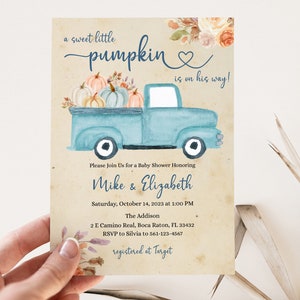 Sweet Little Pumpkin Baby Shower Blue Invitation • Pumpkin Fall Baby Boy Shower Invitation with Blue Truck • PUM2