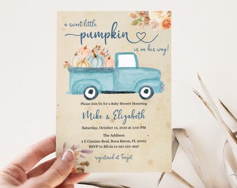 Sweet Little Pumpkin Baby Shower Blue Invitation • Pumpkin Fall Baby Boy Shower Invitation with Blue Truck • PUM2
