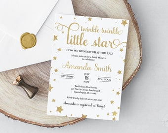 Twinkle Twinkle Little Star How We Wonder What You Are Gender Neutral Baby Shower Invitation • Gold Stars • TLS