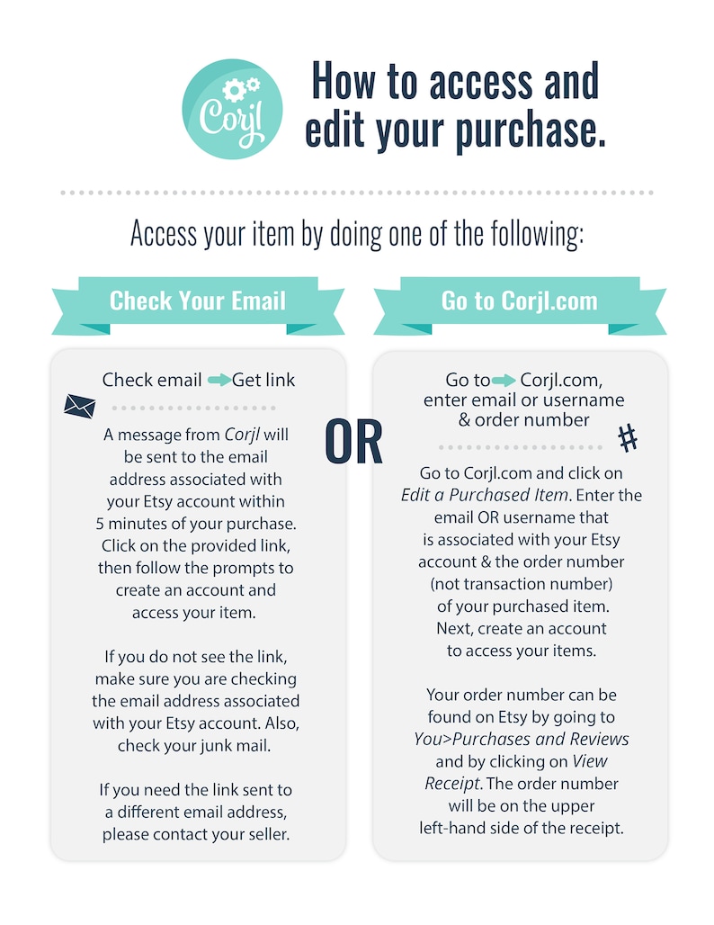 May include: A teal and white graphic with the text "How to access and edit your purchase."  The graphic shows two options for accessing a purchase: "Check Your Email" and "Go to Corjl.com".  The graphic includes instructions for both options.