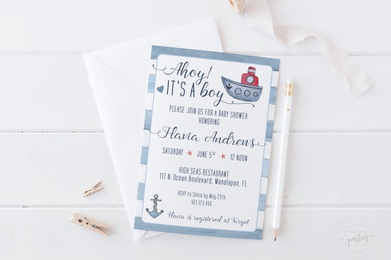 Ahoy It's a Boy Baby Shower Announcement Invitation Template - Ahoy Its a Boy Nautical Baby Shower Invitation- Ship and Anchor Il_570xn