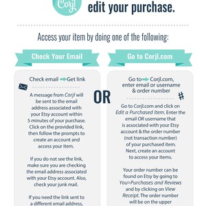 Puede incluir: Un gr&aacute;fico de color verde azulado y blanco con el texto "C&oacute;mo acceder y editar tu compra". El gr&aacute;fico muestra dos opciones para acceder a una compra: "Comprobar tu correo electr&oacute;nico" y "Ir a Corjl.com". El gr&aacute;fico incluye instrucciones para ambas opciones.
