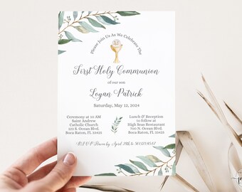 Editable First Communion Invitation for Boy • Watercolor Leaves Green Palms and Eucalyptus • Host and Chalice • WPL