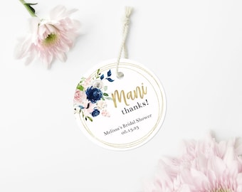 Mani Thanks Tags Editable • Bridal Shower Tags • Editable Nail Polish Tags • Round Navy Pink Gold Floral • FLO2