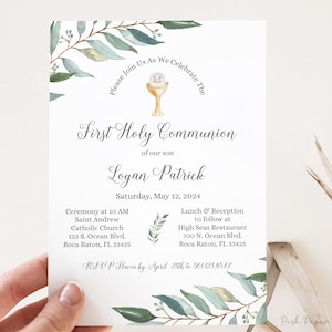 May include: A white invitation with green and gold floral accents announces a First Holy Communion for Logan Patrick. The ceremony will be held at Saint Andrew Catholic Church on May 12, 2024, followed by a reception at High Seas Restaurant.