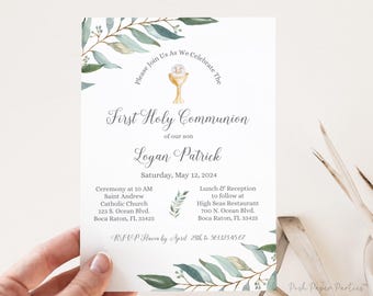 May include: A white invitation with green and gold floral accents announces a First Holy Communion for Logan Patrick. The ceremony will be held at Saint Andrew Catholic Church on May 12, 2024, followed by a reception at High Seas Restaurant.