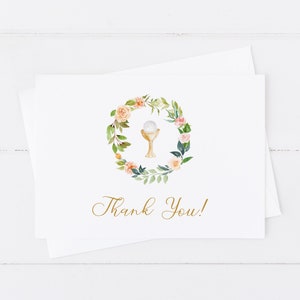 Note de remerciement de première communion pour fille modifiable • Calice et hôte • Blush Pink Peach Aquarelle Floral Eucalyptus • FCG006