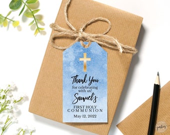 Boy First Communion Favor Tag  • 2x3 Gift Tag Ombre Blue Watercolor • Golden Cross • WBG