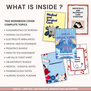 May include: A selection of nursing study guides covering topics such as pharmacology and maternity care. The covers are in various colours, with titles including "Medical and Surgical Care" and "Complete Nursing School". The text "What is Inside?" is at the top of the image.