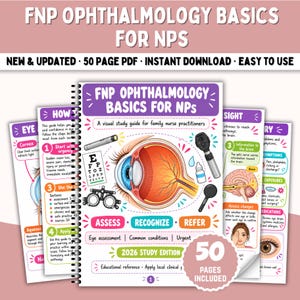 May include: A spiral-bound 50-page study guide titled FNP Ophthalmology Basics for NPs. The cover features a central anatomical illustration of a human eye surrounded by medical tools like a penlight, ophthalmoscope, and eye chart.