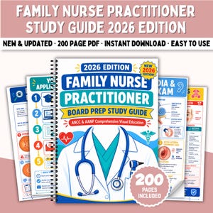 May include: A spiral-bound Family Nurse Practitioner Board Prep Study Guide 2026 Edition. The cover features a white lab coat, a blue stethoscope, a red heart icon, and a medical caduceus symbol. It includes 200 pages of visual education.