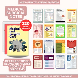 May include: A set of medical and surgical notes, including 220 pages, with detailed topics and diagrams. The cover features the text "Medical and Surgical Care". The image includes the text "New & Updated Version 2025-2026".