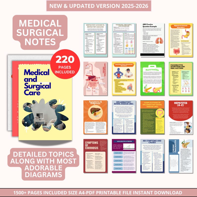 May include: A set of medical and surgical notes, including 220 pages, with detailed topics and diagrams. The cover features the text "Medical and Surgical Care". The image includes the text "New & Updated Version 2025-2026".