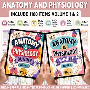 May include: Anatomy and Physiology bundle notes volume 1 and 2 digital files. The covers feature illustrations of a skull, heart, lungs, bone, and nerve cell with text reading Anatomy & Physiology Bundle Notes Vol 1 and Vol 2. Includes 1100 items.