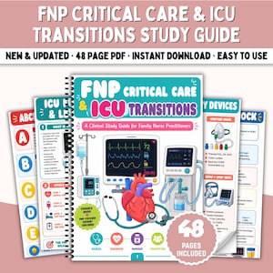 May include: A 48-page spiral-bound FNP Critical Care & ICU Transitions study guide featuring medical illustrations of a heart, a patient monitor, a ventilator, and a stethoscope. The cover includes the text FNP CRITICAL CARE & ICU TRANSITIONS.