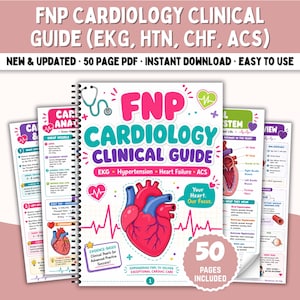 Può includere: Una guida clinica di cardiologia FNP rilegata a spirale con un'illustrazione di cuore anatomico rosso, un'icona di stetoscopio e testo che include EKG, Hypertension, Heart Failure e ACS. La copertina mostra il titolo e un badge 50 pagine.