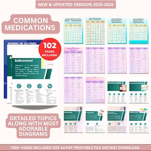 May include: A digital medical reference guide with detailed information on common medications. The guide includes 102 pages with alphabetical drug suffix cheat sheets, diagrams, and information on Salbutamol. The guide is a printable A4 PDF.