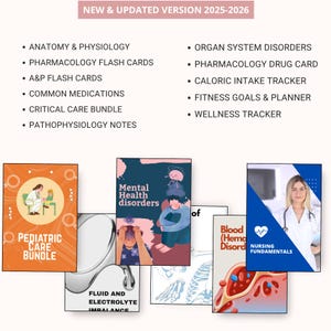 May include: Educational resources for nursing students, including flashcards and planners. The image shows several book covers with titles like "Pediatric Care Bundle," "Mental Health Disorders," and "Nursing Fundamentals." The text at the top reads "NEW & UPDATED VERSION 2025-2026."
