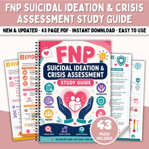 Pode incluir: Um guia de estudo com encadernação em espiral intitulado FNP Suicidal Ideation & Crisis Assessment. A capa apresenta um coração central segurado por duas mãos, rodeado por ícones de avaliação, intervenção, prevenção, compaixão e segurança, 43 páginas.