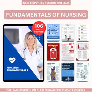 May include: A digital resource, "Fundamentals of Nursing," with 106 pages. The cover shows a nurse and the text "Nursing Fundamentals." Other pages detail blood groups and medication routes. The product is a printable A4 PDF file, with 1500+ pages included.