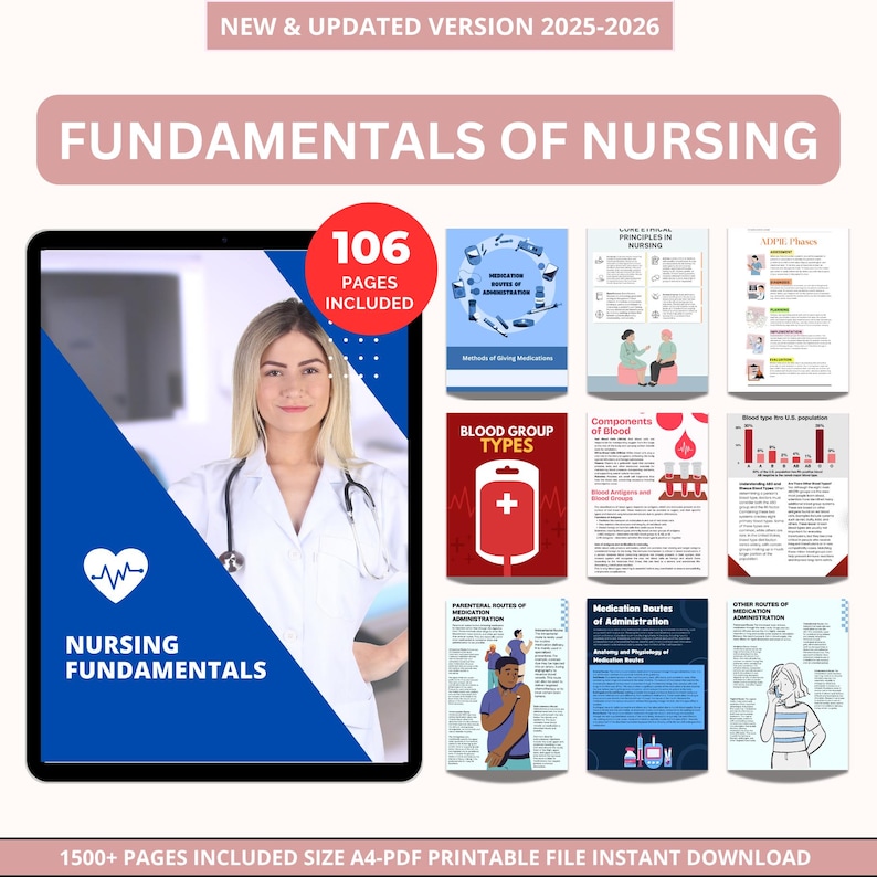 May include: A digital resource, "Fundamentals of Nursing," with 106 pages. The cover shows a nurse and the text "Nursing Fundamentals." Other pages detail blood groups and medication routes. The product is a printable A4 PDF file, with 1500+ pages included.