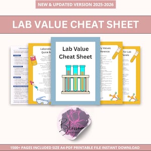 May include: A set of printable lab value cheat sheets. The central sheet displays the title "Lab Value Cheat Sheet" and an illustration of three test tubes. Other reference materials surround the central sheet, with the text "NEW & UPDATED VERSION 2025-2026" at the top.