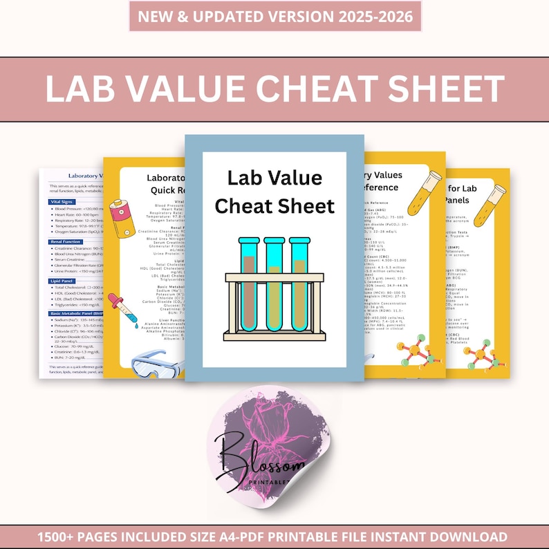May include: A set of printable lab value cheat sheets. The central sheet displays the title "Lab Value Cheat Sheet" and an illustration of three test tubes. Other reference materials surround the central sheet, with the text "NEW & UPDATED VERSION 2025-2026" at the top.