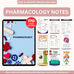 May include: A digital pharmacology study guide titled "Pharmacology Notes" with the text "New & Updated Version 2025-2026". It contains 170 pages and covers topics like pain medications and antibiotics, designed for medical students.