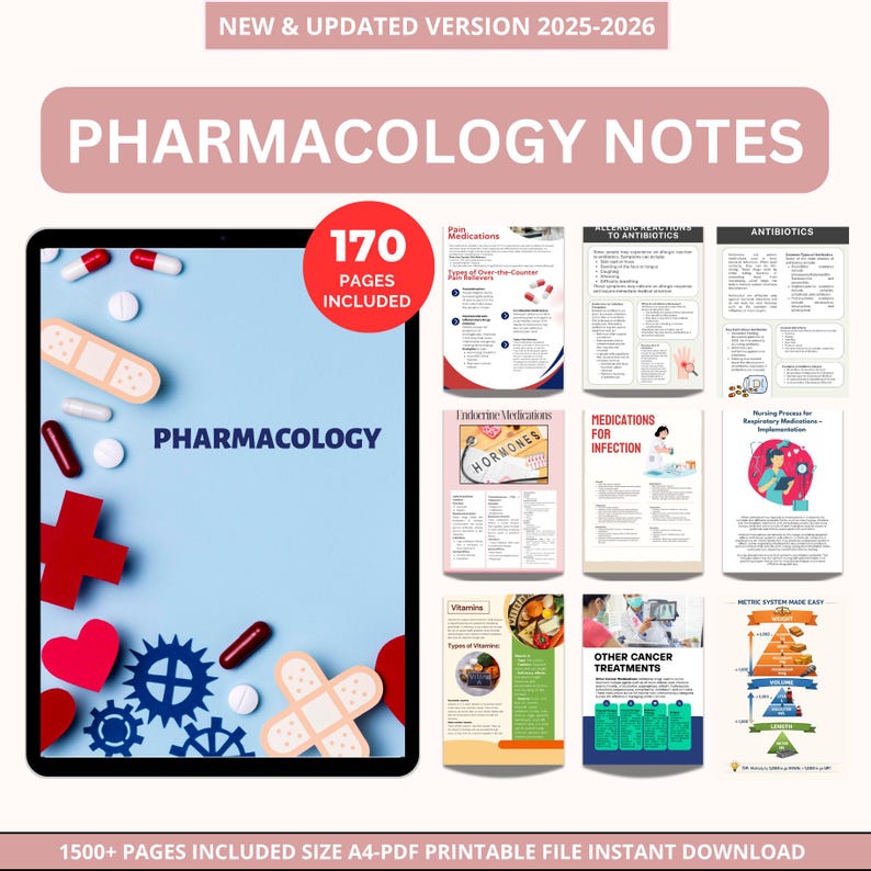May include: A digital pharmacology study guide titled "Pharmacology Notes" with the text "New & Updated Version 2025-2026". It contains 170 pages and covers topics like pain medications and antibiotics, designed for medical students.