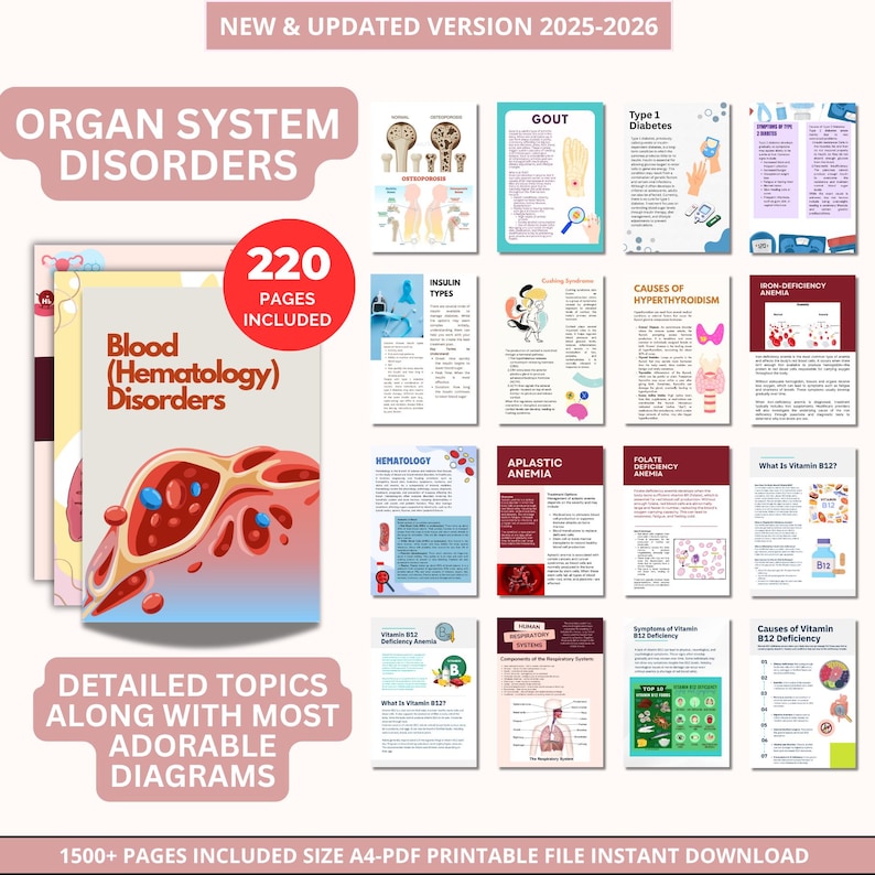 May include: A digital medical guide titled "Organ System Disorders" with 220 pages. The cover features a diagram of blood disorders. The guide includes detailed topics and diagrams on various health conditions, such as gout, diabetes, and anemia. The text reads "New & Updated Version 2025-2026".
