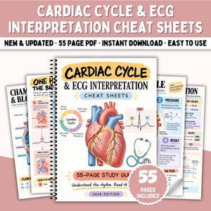 Op de afbeelding: Een 55-pagina tellende spiraalgebonden studiegids getiteld Cardiac Cycle & ECG Interpretation Cheat Sheets. De omslag bevat een gedetailleerde anatomische hartillustratie, een hartcyclusdiagram, een ECG-golfvorm en een stethoscoop.