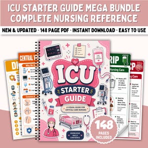 May include: A spiral-bound ICU Starter Guide featuring a pink cover with medical illustrations including a heart monitor, IV bag, syringe, and hospital bed. The text reads ICU STARTER GUIDE A VISUAL GUIDE FOR CRITICAL CARE NURSING. 148 pages included.