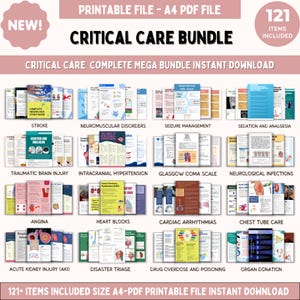 May include: A bundle of 121 critical care items, including guides on stroke, seizure management, and organ donation. The A4 PDF printable file features various medical topics with colorful illustrations and text. The bundle is labeled "Critical Care Bundle".
