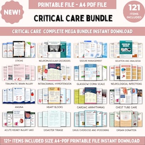 May include: A digital download bundle titled "Critical Care Bundle" with 121 items. The image displays various medical topics, including stroke, seizure management, and organ donation. The text includes "Printable File - A4 PDF File" and "Instant Download".