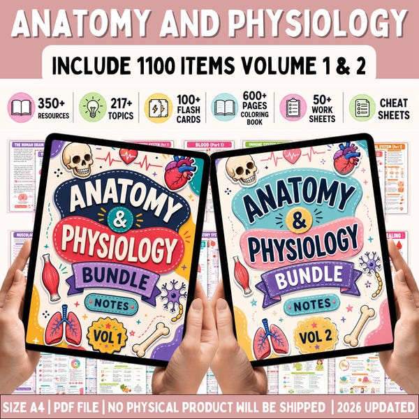 Anatomy and Physiology Notes Bundle Vol 1 & 2 | Nursing School Notes | Human Anatomy Flashcards Cheat Sheet Coloring Book Worksheets