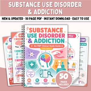 May include: A 50-page spiral-bound clinical study guide titled Substance Use Disorder & Addiction, 2026 Edition. The cover features a brain illustration, medical icons, and text. Additional pages show diagrams, brain anatomy, and clinical information.