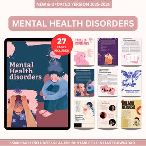 May include: Digital download of an ebook on "Mental Health Disorders" displayed on a tablet. The cover art features illustrations and the text "27 Pages Included." Other pages cover topics such as "Table of Contents" and "Bulimia Nervosa."