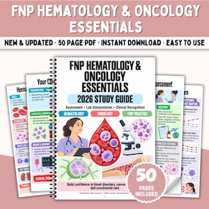 May include: A spiral-bound 50-page study guide titled FNP Hematology & Oncology Essentials 2026. The cover features a medical professional, a large red blood drop illustration, a microscope, and text detailing assessment and lab interpretation.