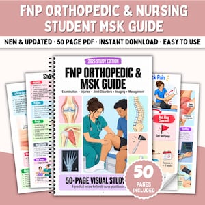 May include: A 50-page spiral-bound FNP Orthopedic & MSK Guide study manual. The cover features medical illustrations of joint examinations, a spine, and a reflex hammer, with text including FNP Orthopedic & MSK Guide and 2026 Study Edition.