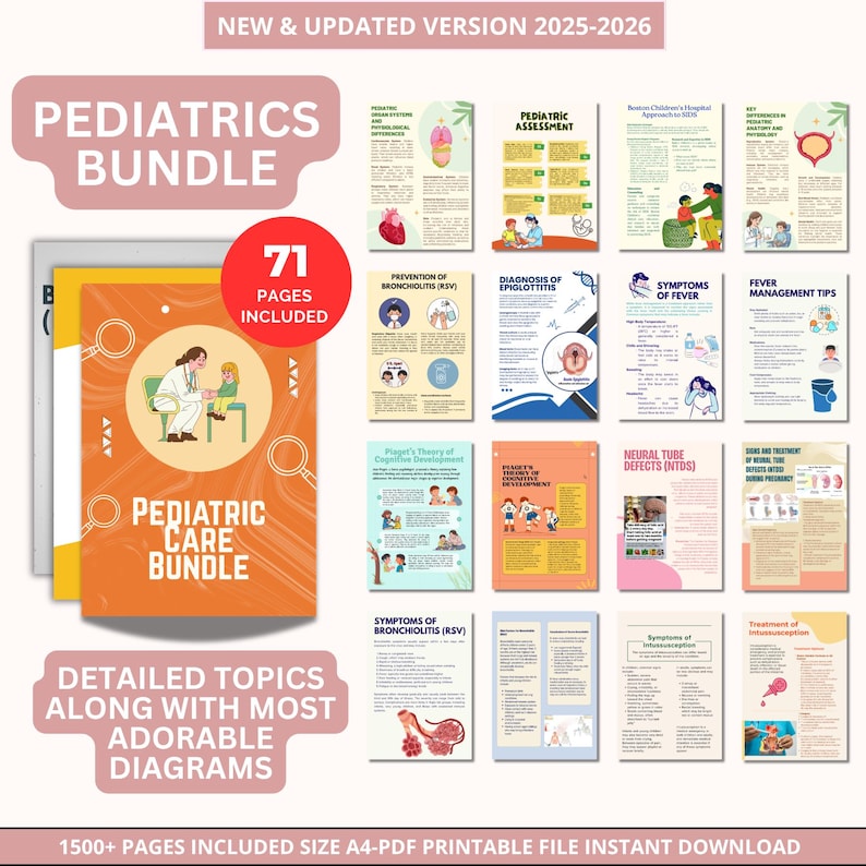 May include: A paediatric care bundle with 71 pages, featuring detailed topics and diagrams. The bundle includes information on paediatric assessment, fever management, and other related topics. The cover is orange and white with the text "Paediatric Care Bundle".