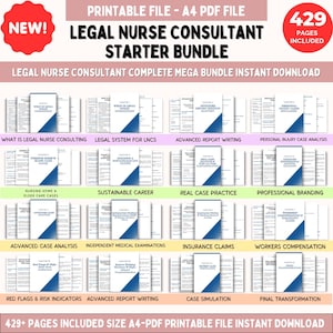 May include: A digital download bundle for legal nurse consultants. The image features a collection of documents with titles such as "Advanced Report Writing" and "Personal Injury Case Analysis." The bundle includes 429 pages and is available as an A4 PDF file.