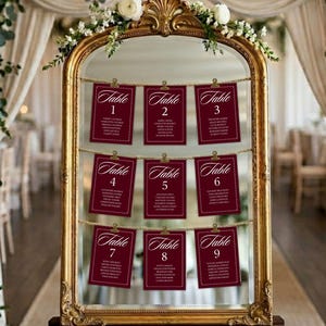 Elegante tarjeta de asientos para boda en color burdeos, plantilla editable de Canva, asignación de mesa de dinero antiguo, imprimible, 4x6, 5x7, 8x10, A5, descarga instantánea