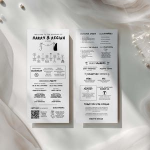 May include: Two white wedding program cards with black text and illustrations. The left card features the wedding ceremony timeline and party members. The right card details the love story, guest awards, signature drinks, and a thank you note.