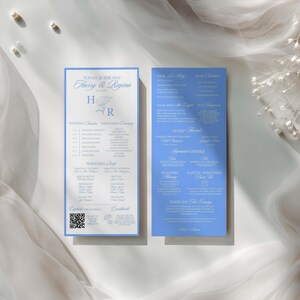 Light Blue Infographic Wedding Program Template Editable Canva 4x9 Printable Modern Ceremony Timeline Elegant Minimalist Toile Design Unique