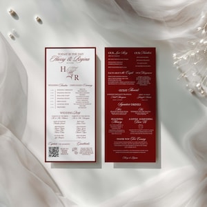 Elegant Wedding Infographic Program Template Editable Canva Old Money Timeline Printable Ceremony Program Burgundy Wedding Itinerary QR Code