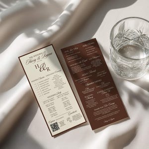 Vorlage für eine bearbeitbare Infografik zur Hochzeit im Stil der 50er-Jahre (Canva) mit Vintage-Hochzeitsablauf, druckbarem Zeremonienprogramm und Champagner- und Braun-Schild (4x9 Zoll).