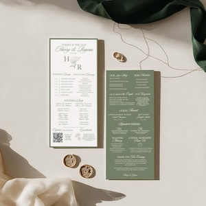 Sage Green Infographic Wedding Program Template Ceremony Timeline Printable Elegant Photo QR Code Editable Canva Garden Wedding Decor Modern